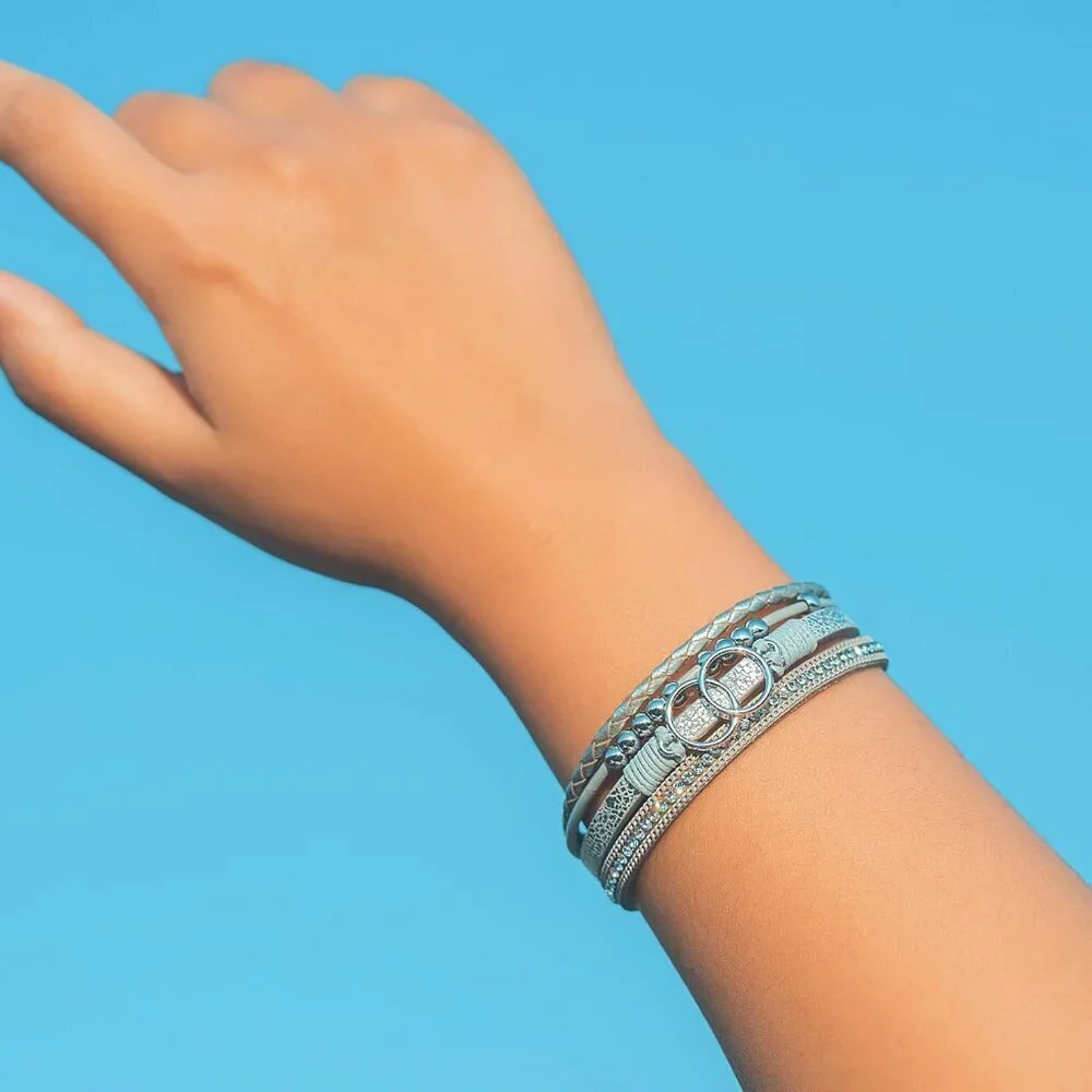 Women's Silver Boho Leather Wrap Stackable Chunky Crystal Cuff Bracelets